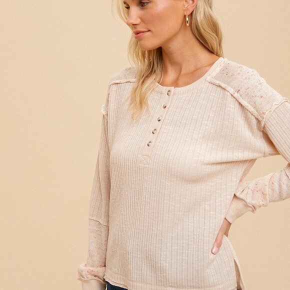 HEM & THREAD Henley Long Sleeve Ribbed Top, Neutral Beige Waffle Knit Pullover - Picture 3 of 5